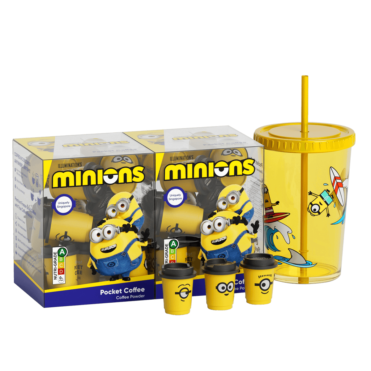 Cheerful Goat × Minions Pocket Coffee Bundle – 15 Cups 100% Arabica Freeze-Dried Coffee + 300ml Straw Tumbler