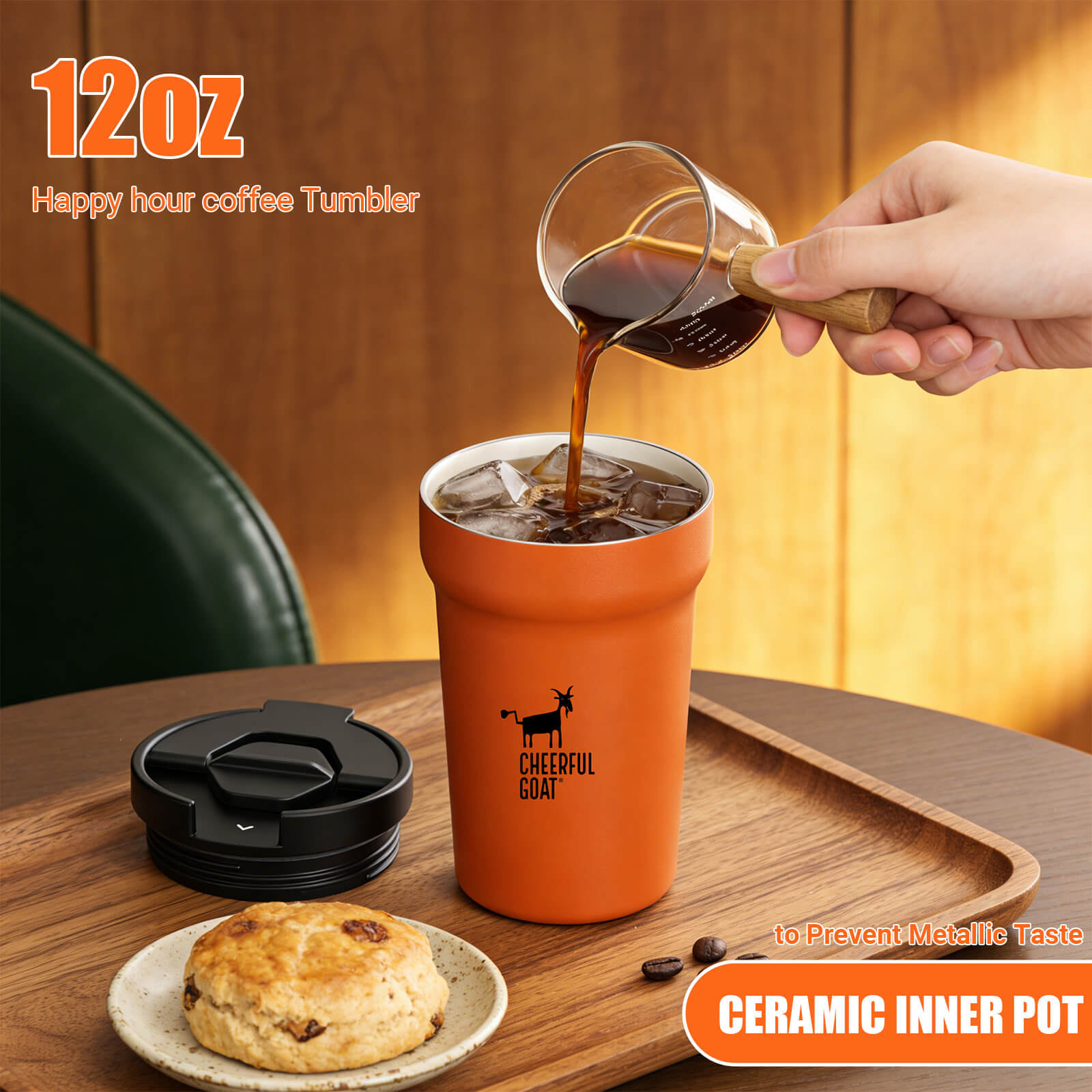 Cheerful Goat Coffee Cup  Leakproof Ceramic Insulated Cup  travel coffee mug with lid Temperature Retention (350ml/11oz)