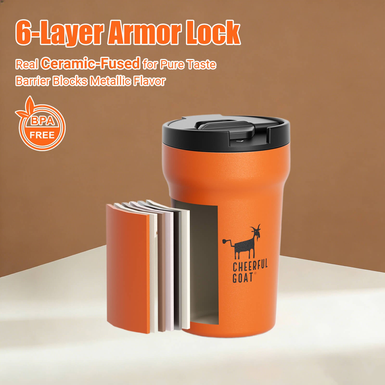 Cheerful Goat Coffee Cup  Leakproof Ceramic Insulated Cup  travel coffee mug with lid Temperature Retention (350ml/11oz)