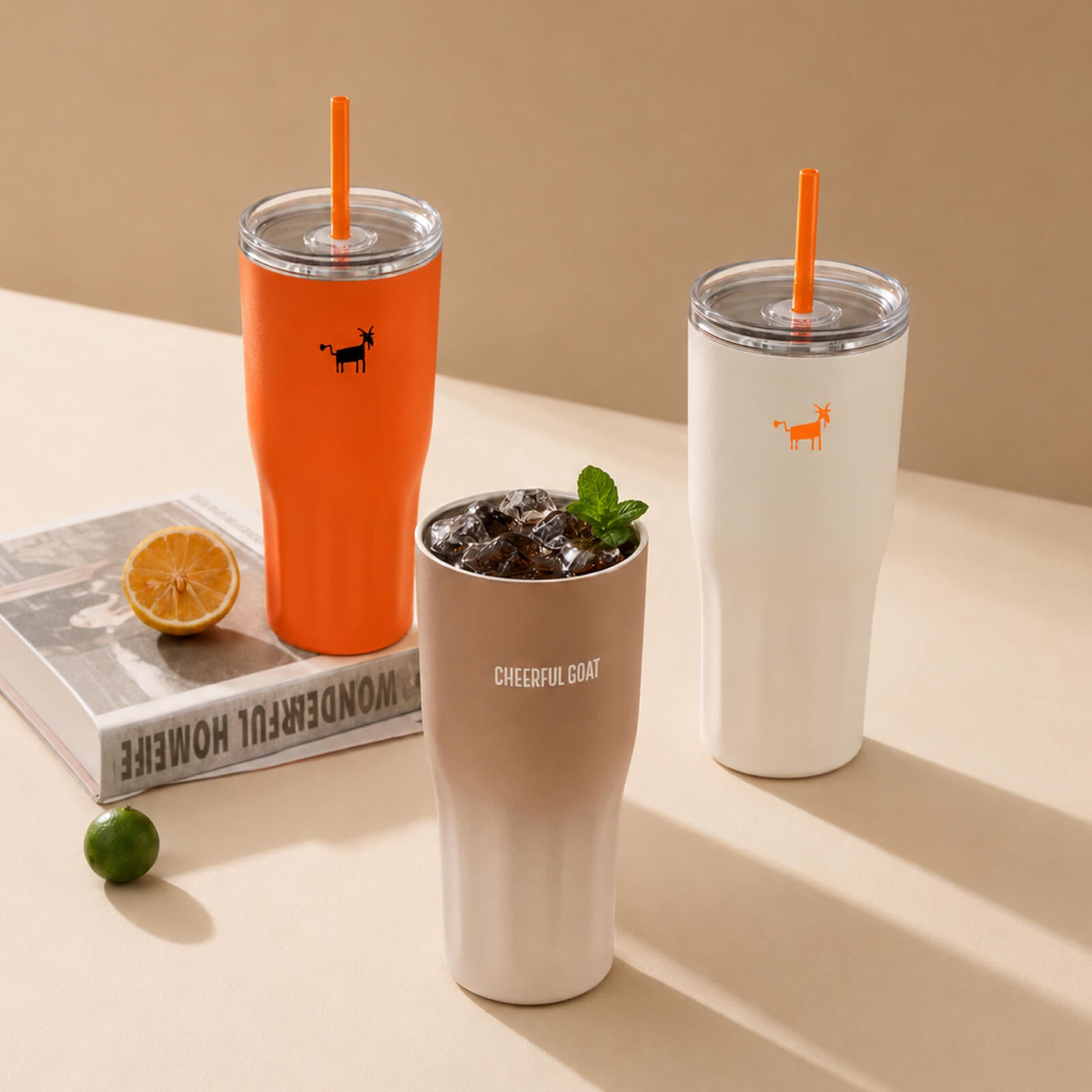 Cheerful Goat Coffee Cup Double wall stainless Vacuum Ceramic Lined Cup 600ml/21oz