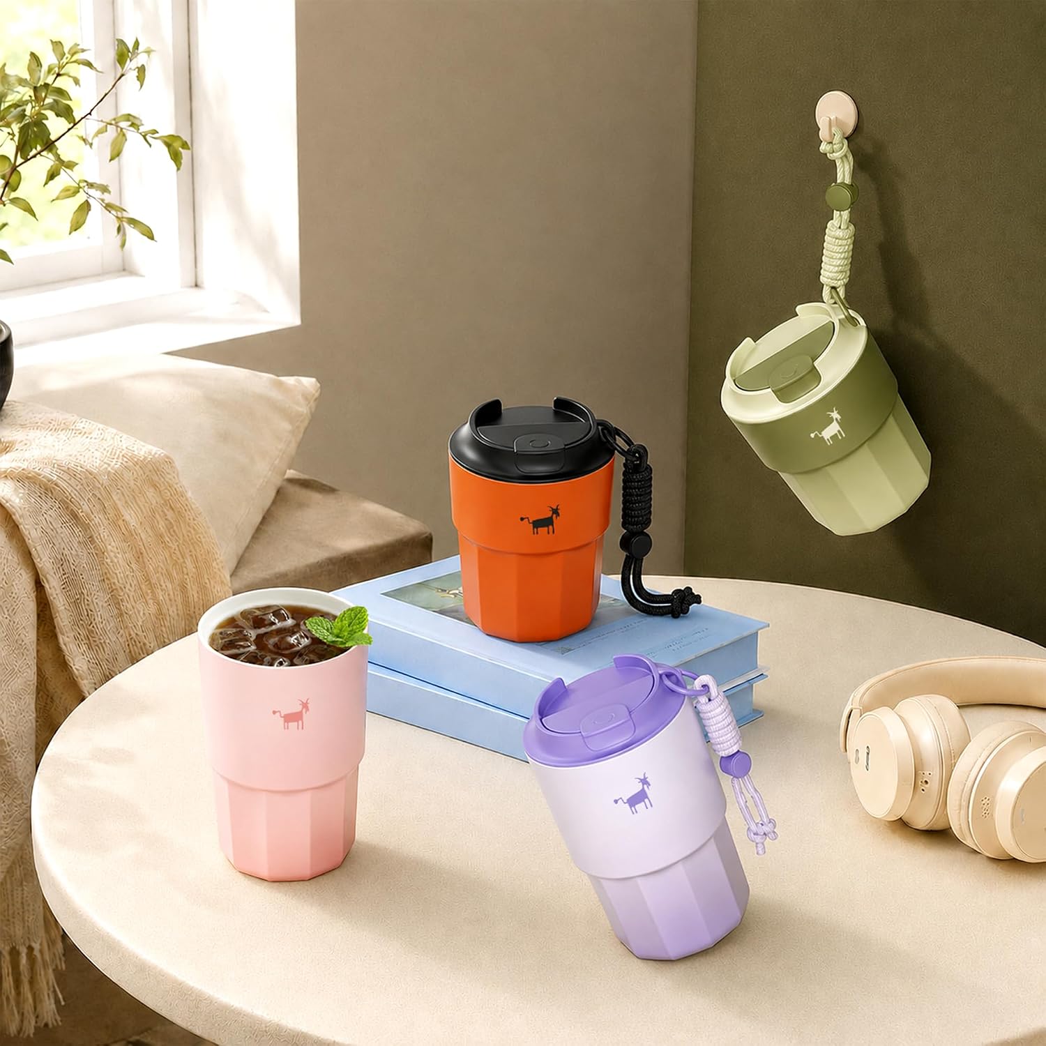 CHEERFUL GOAT Ceramic Lined Coffee Mug – Stainless Steel Travel insulated Tumbler with Ceramic Liner, with lid, 10oz Cup