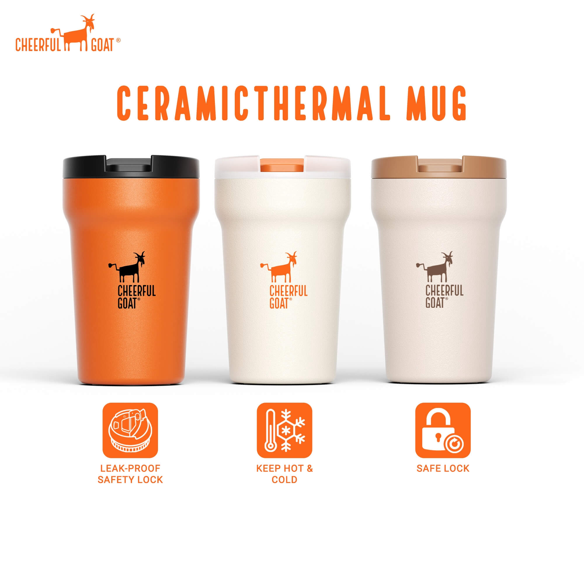 Cheerful Goat Coffee Cup  Leakproof Ceramic Insulated Cup  travel coffee mug with lid Temperature Retention (350ml/11oz)