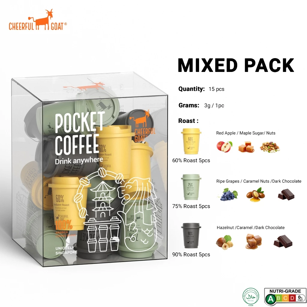Cheerful Goat 60% 75% 90% Roast Variety Pack Freeze-Dried Instant Pocket Coffee 15 Cups