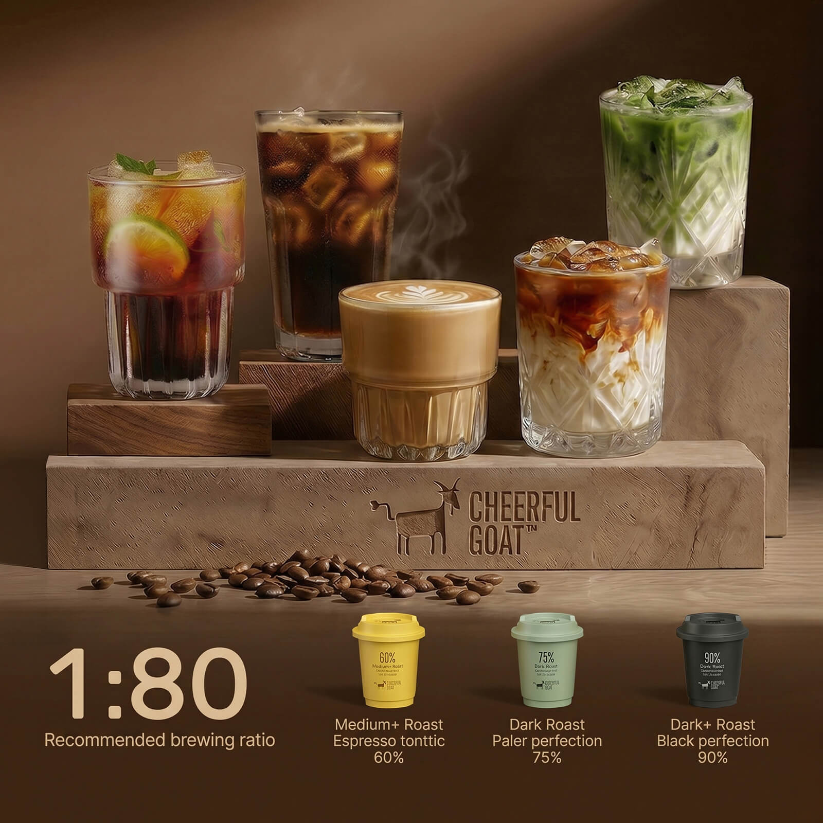 Cheerful Goat 60% 75% 90% Roast Variety Pack Freeze-Dried Instant Pocket Coffee 15 Cups