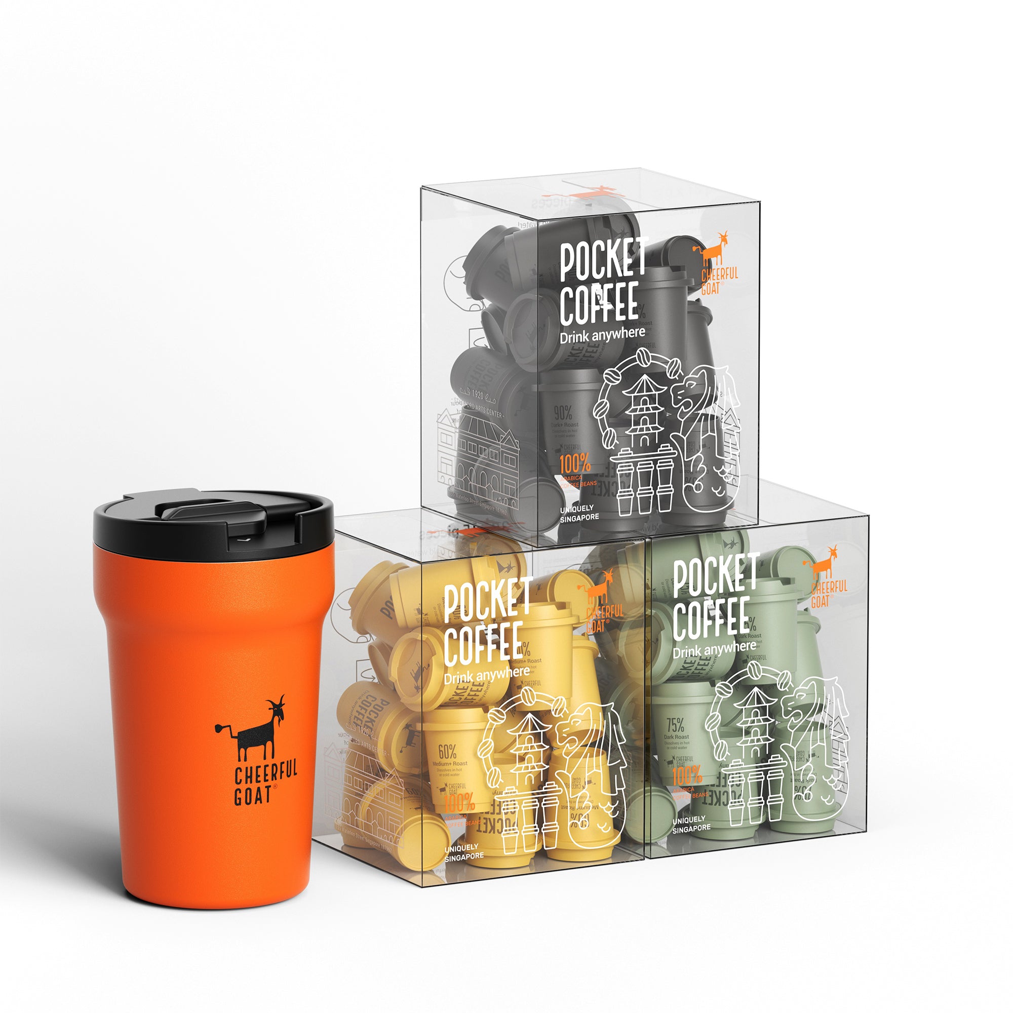 Cheerful Goat Ceramic Insulated Leakproof Coffee Mug plus Freeze Dried coffee powder 3 Box Bundle