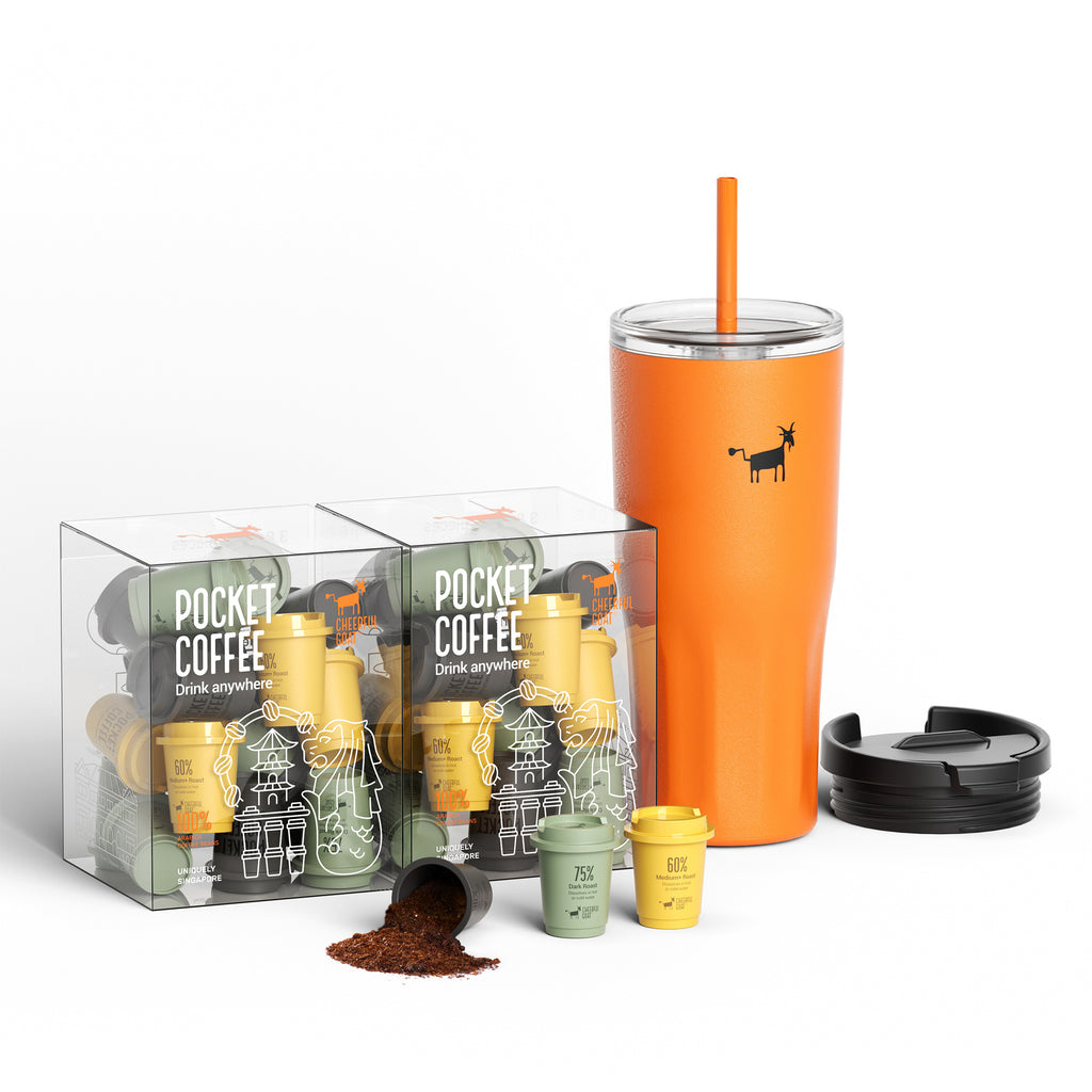 Cheerful Goat Double wall stainless Vacuum Ceramic Coffee Cap 600ml /21 oz Plus Coffee Powder 2 Box Bundle