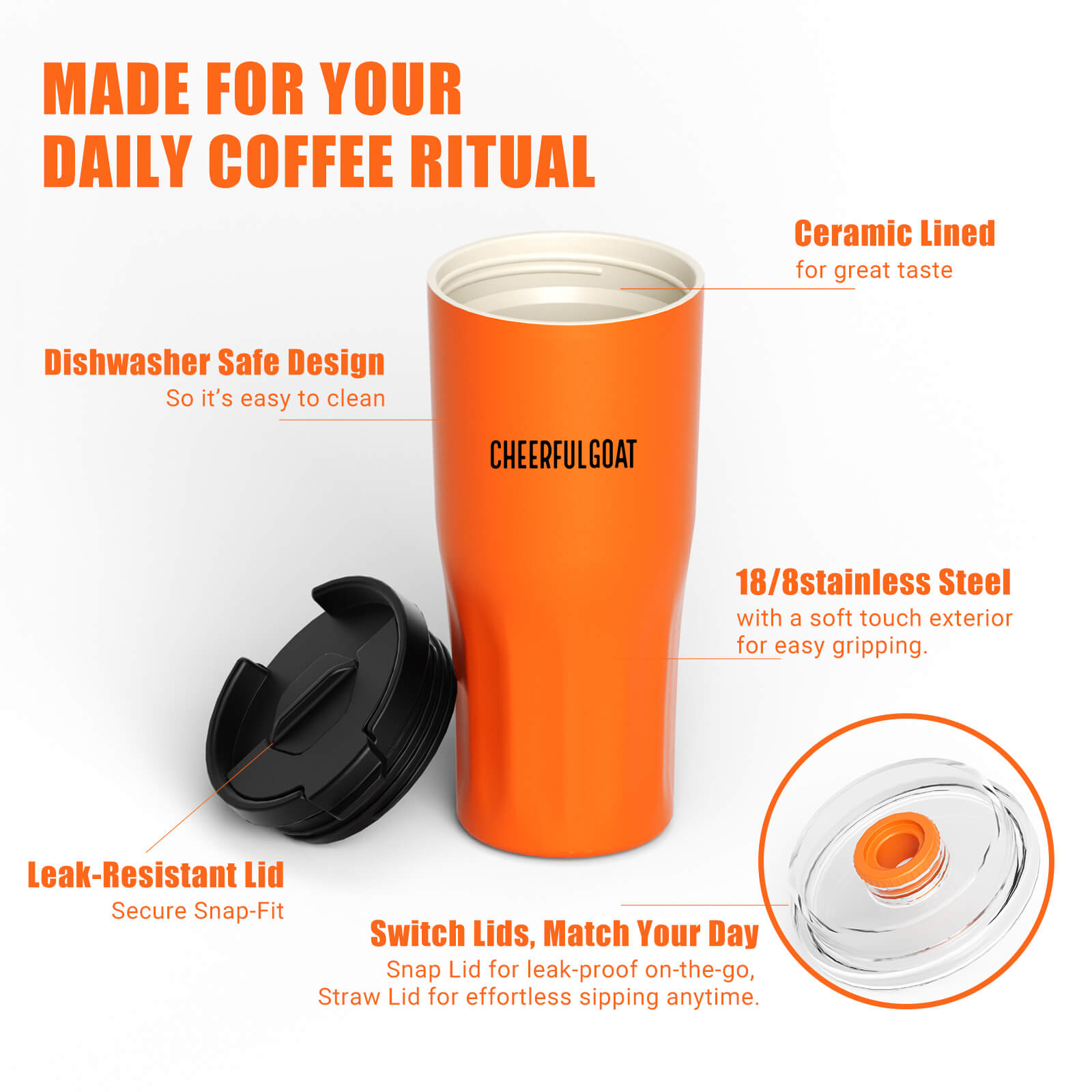 Cheerful Goat Coffee Cup Double wall stainless Vacuum Ceramic Lined Cup 600ml/21oz