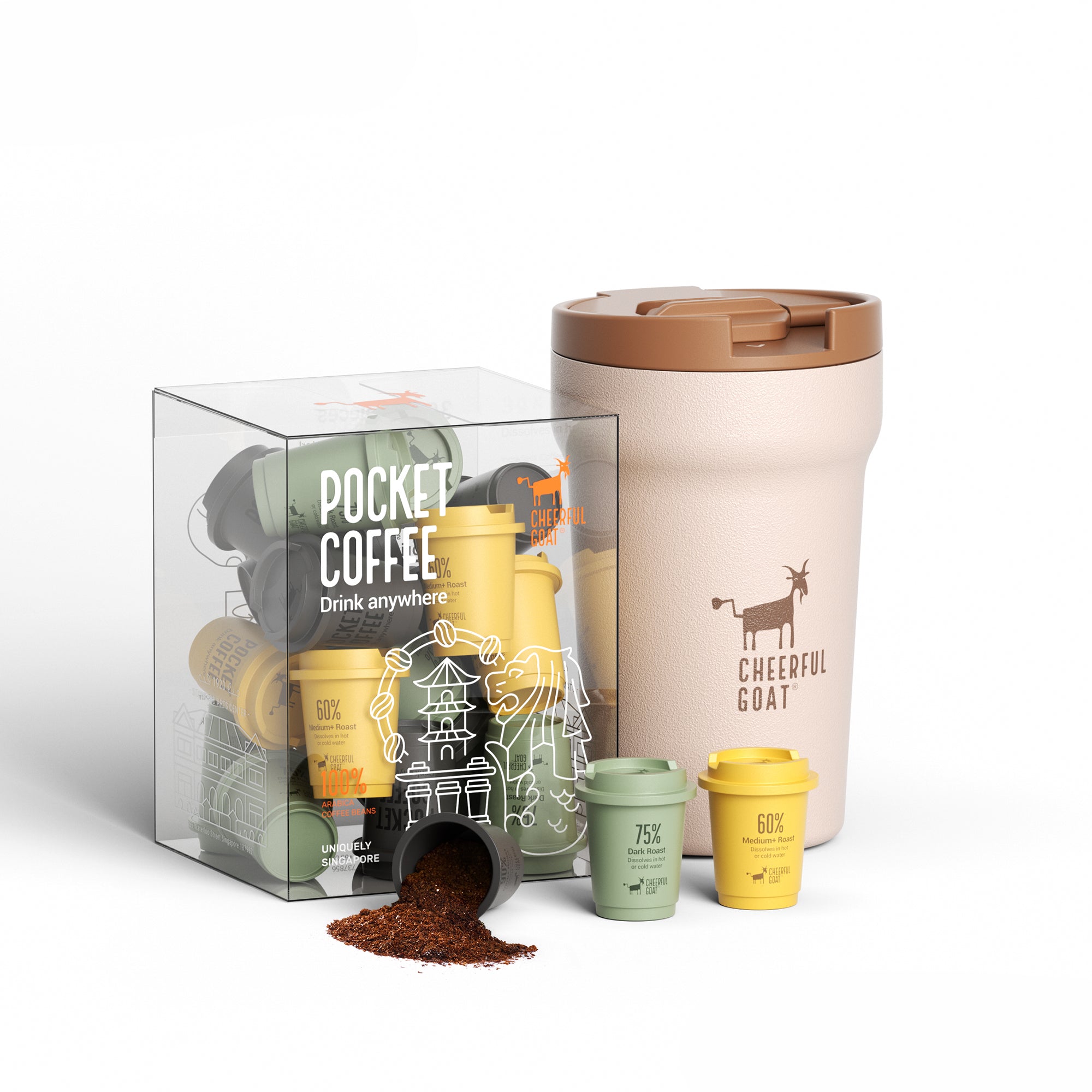 Cheerful Goat Ceramic Insulated Coffee Mug plus coffee powder 1 Box Bundle