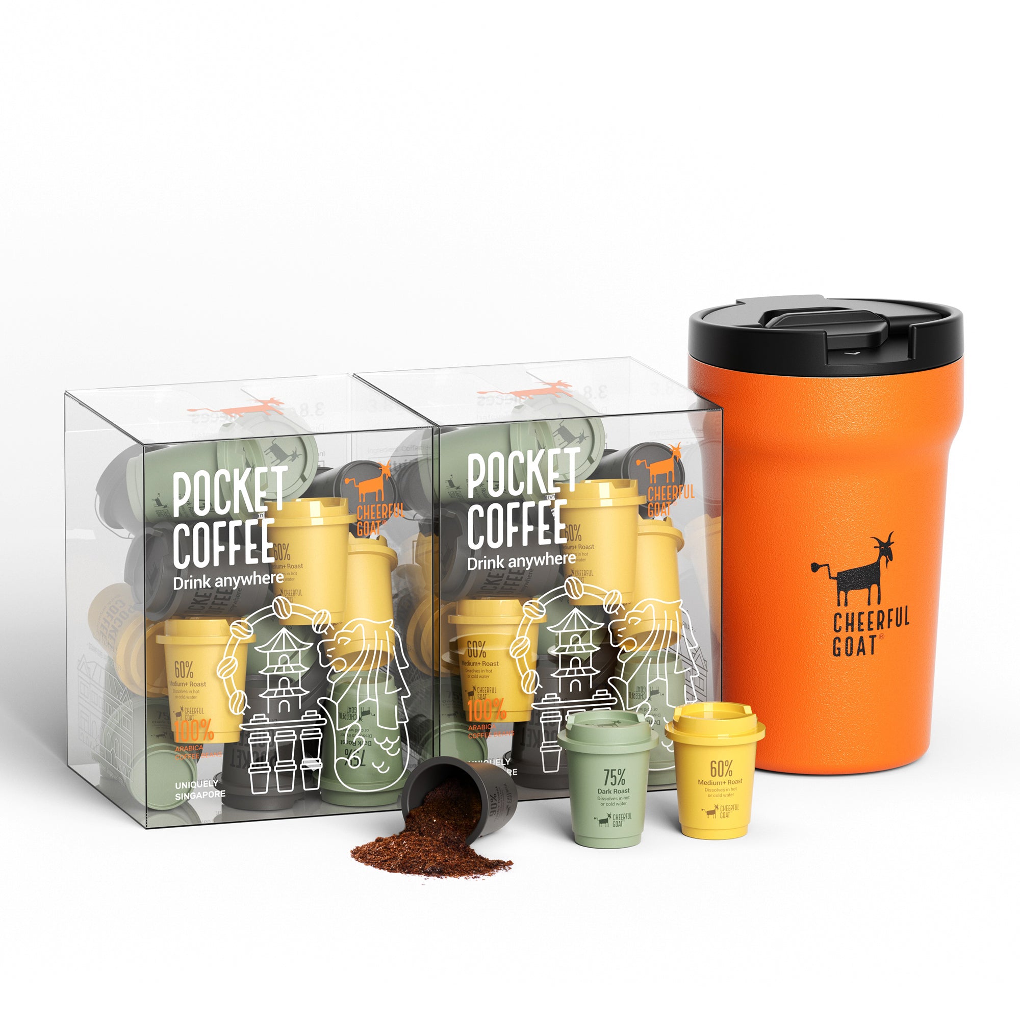 Cheerful Goat Ceramic Insulated Coffee Mug 350ml / 12oz Plus Coffee Powder 2 Box Bundle
