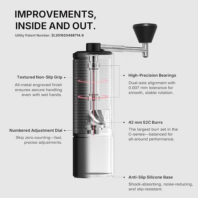 TIMEMORE C5 Pro Manual Coffee Grinder with S2C-042-III Conical Burr, 0.031mm Precision Adjustment, All-Metal Portable