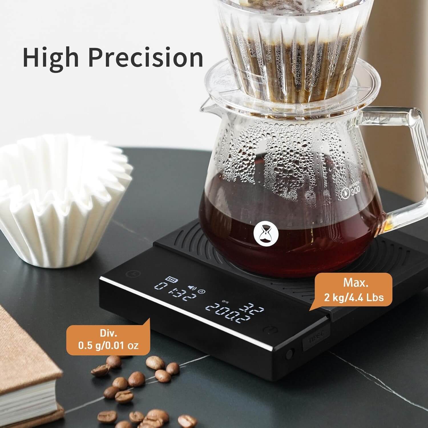 Timemore BASIC 2 Coffee Electronic Espresso Scale with Water Flow Timer Function Switchable Between Ounces and Kilograms