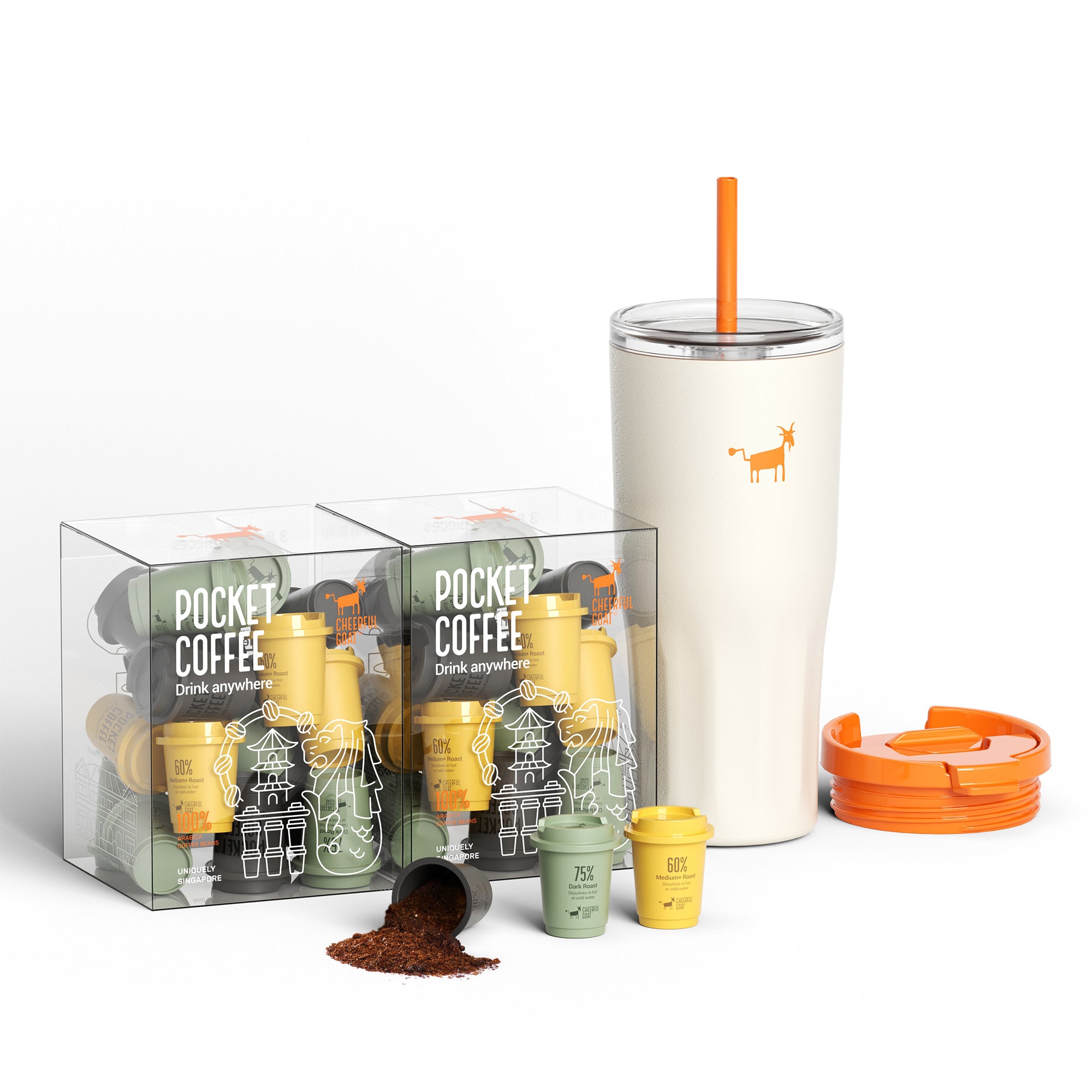 Cheerful Goat Double wall stainless Vacuum Ceramic Coffee Cap 600ml /21 oz Plus Coffee Powder 2 Box Bundle