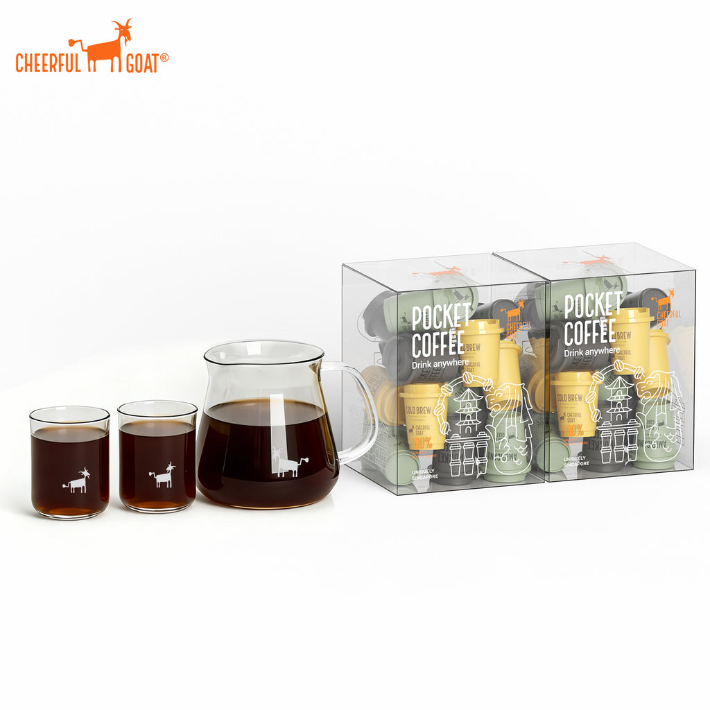 Cheerful Goat Handcrafted Borosilicate Glass Sharing Pot with 2-Box Freeze-Dried Coffee Bundle