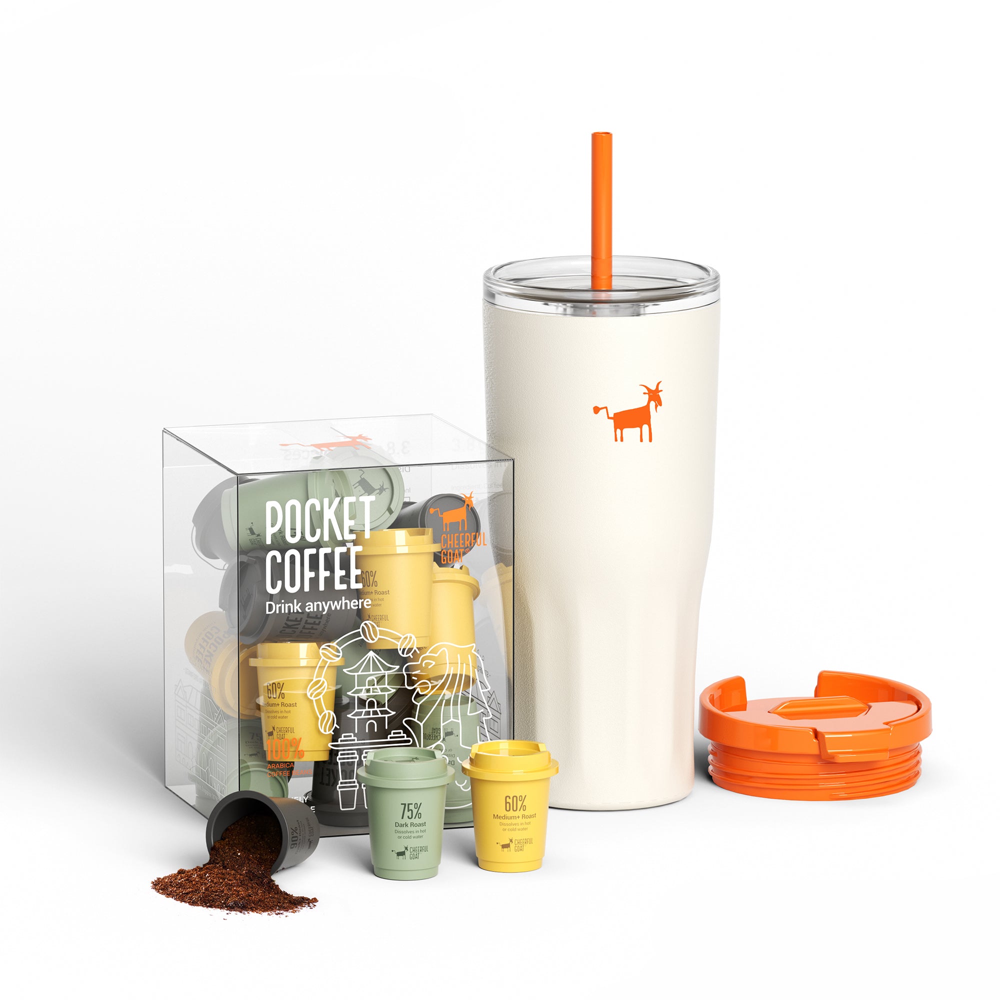 Cheerful Goat Double wall stainless Vacuum Ceramic Coffee Cap 600ml /21 oz Plus Coffee Powder 1 Box Bundle