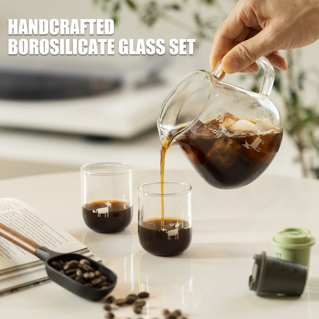 Cheerful Goat Pour Over Coffee Server Set – 360ml Borosilicate Glass Carafe with 2 Cups