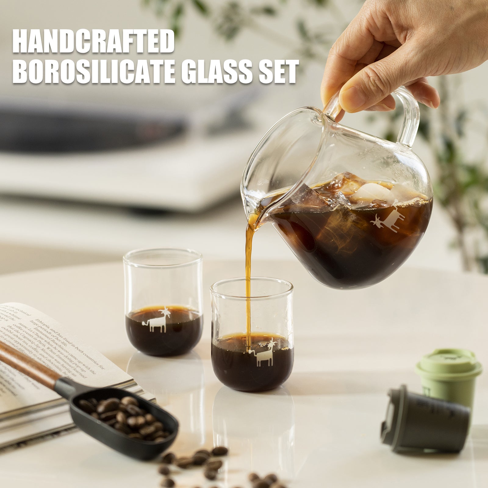 Cheerful Goat Pour Over Coffee Server Set – 360ml Borosilicate Glass Carafe with 2 Cups