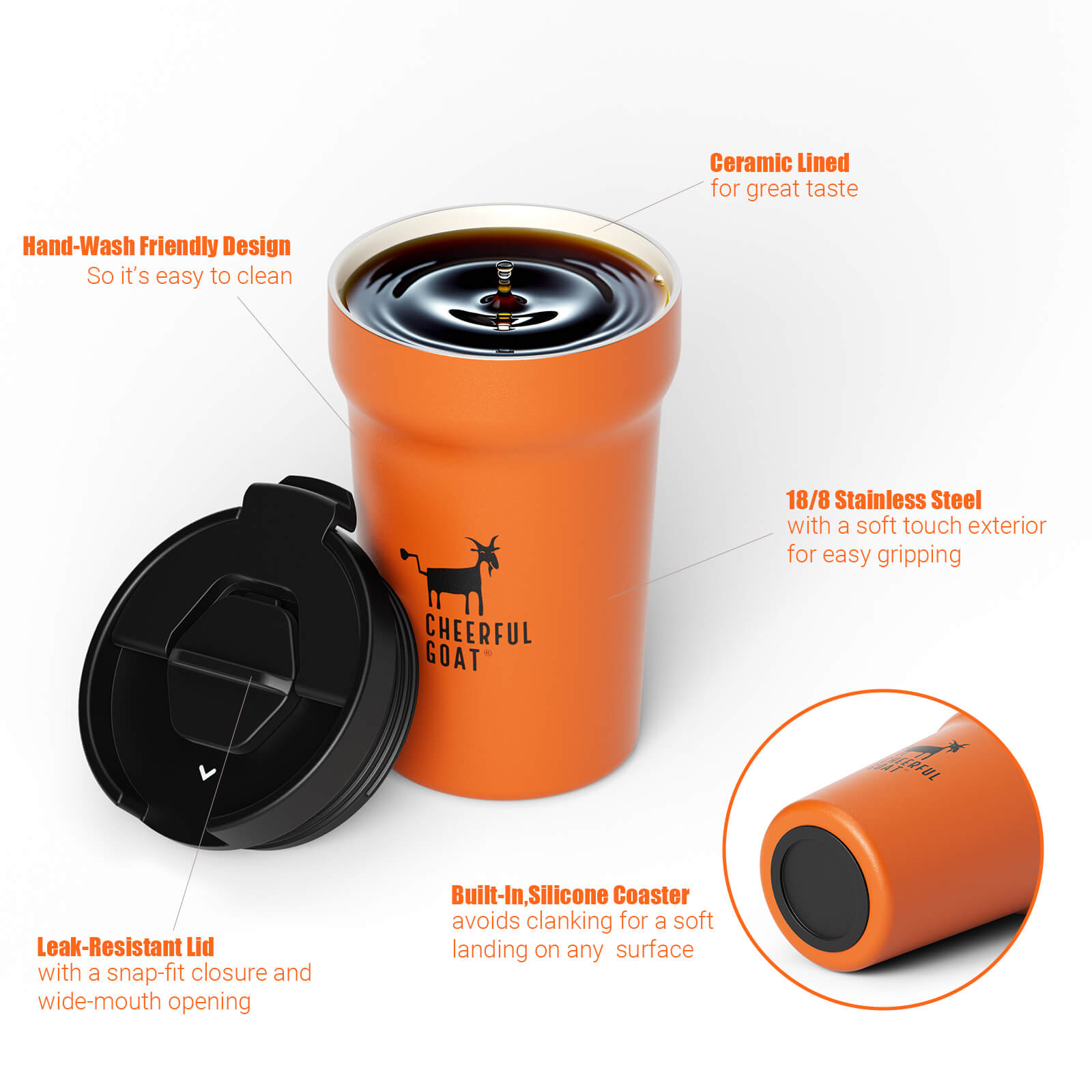 Cheerful Goat Coffee Cup  Leakproof Ceramic Insulated Cup  travel coffee mug with lid Temperature Retention (350ml/11oz)