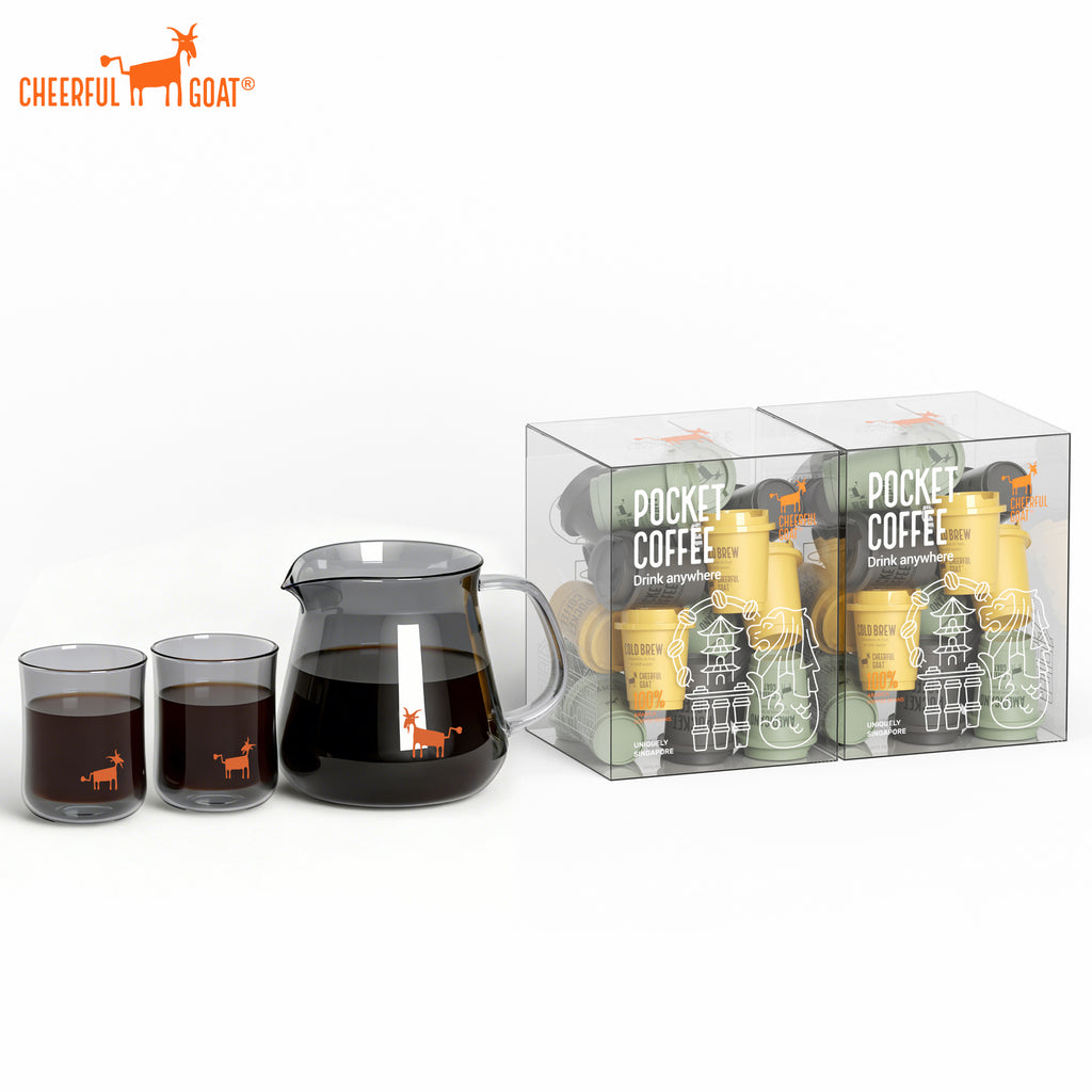 Cheerful Goat Handcrafted Borosilicate Glass Sharing Pot with 2-Box Freeze-Dried Coffee Bundle
