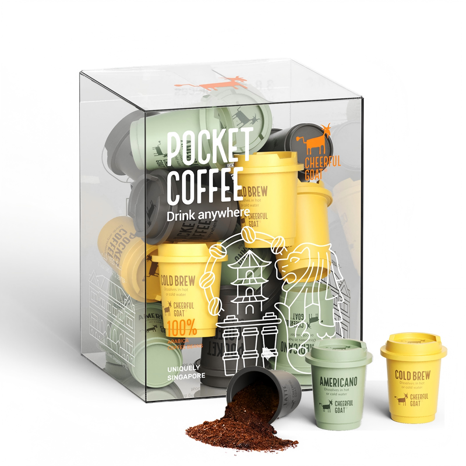 Cheerful Goat Ceramic Insulated Leakproof Coffee Mug plus Freeze Dried coffee powder 3 Box Bundle